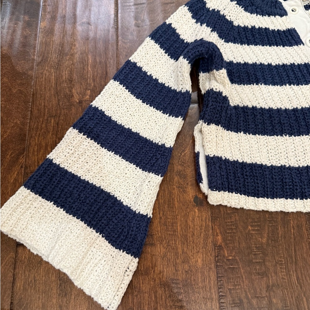 Pilcro Bell-Sleeve Henley Sweater Striped Navy Blue Cream size XXS - Picture 6 of 12